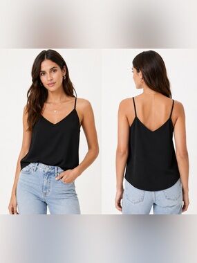 AQUA Black Satin Camisole – Double Strap V-Neck Tank – Size Medium